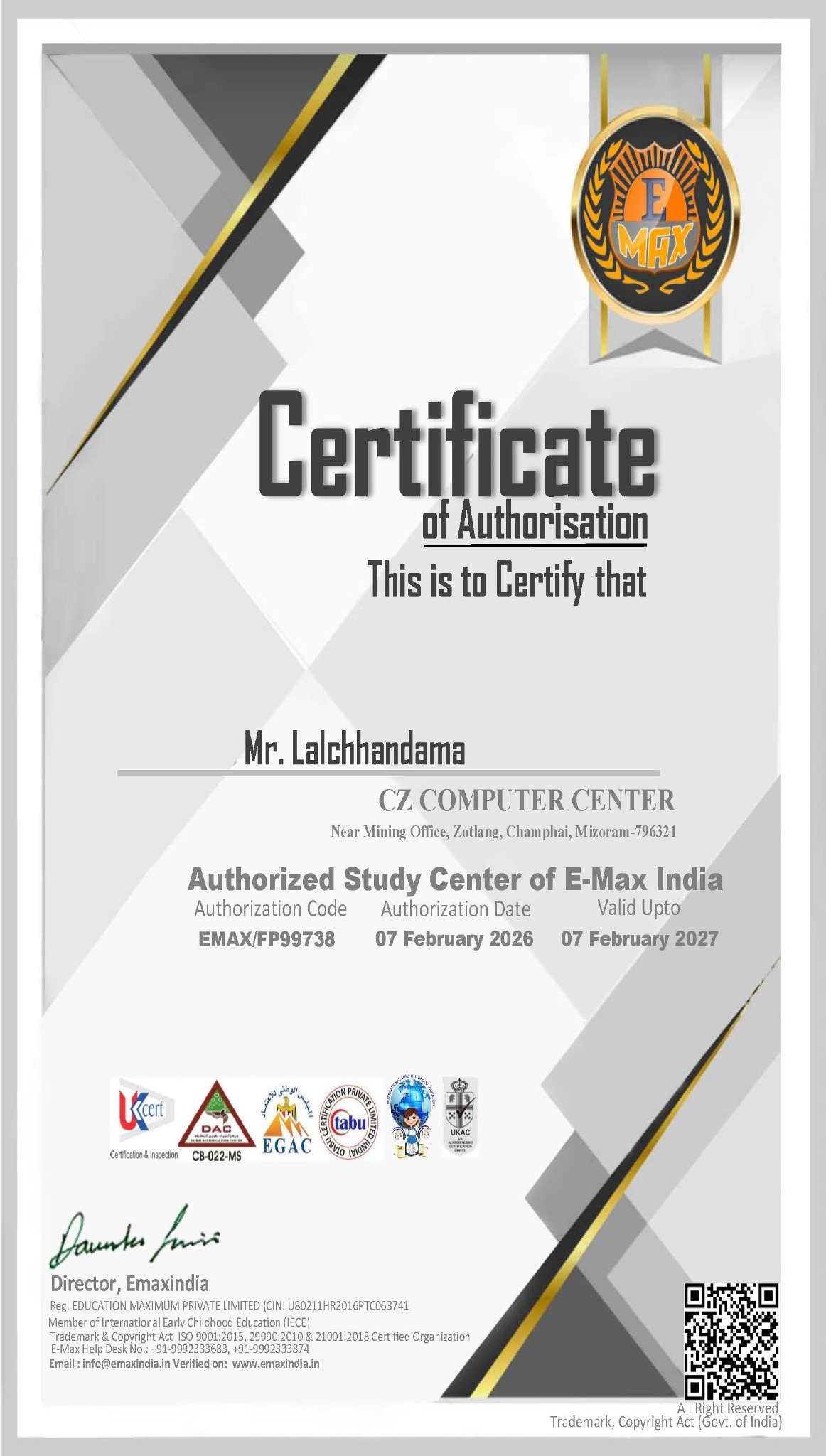 E-Max India Certificate of Authorisation for Cz Computer Center